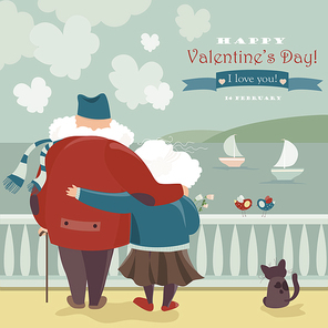 Happy old couple looking at the sea. Vector romantic card