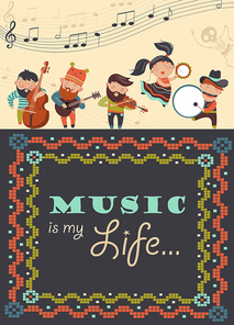 Vector greeting card with musicians and dancer