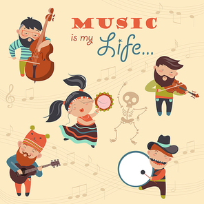 Set of vector illustrations with musicians and dancer