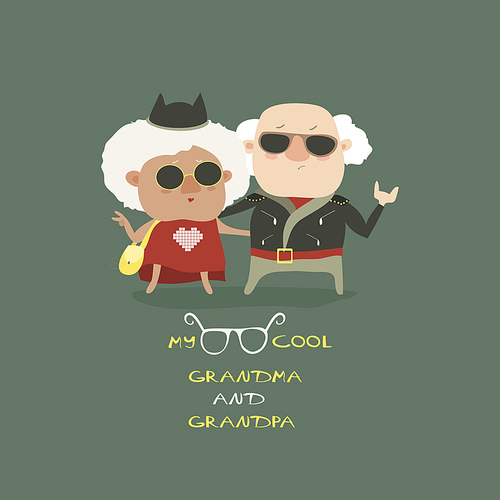 Cool grandma and grandpa wearing in leather jacket. Vector illustration