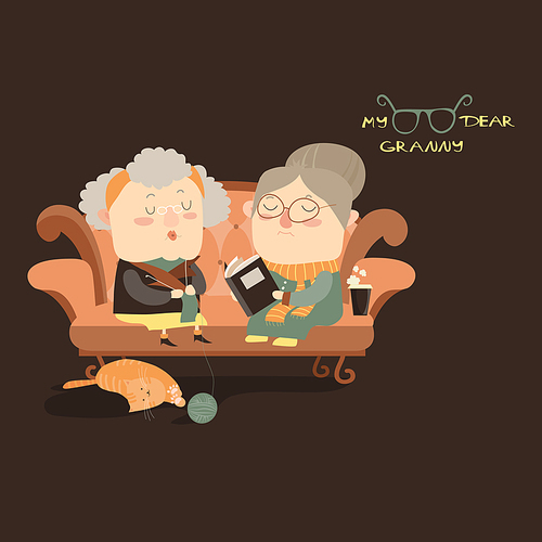 Elderly women sitting on couch. Vector illustration