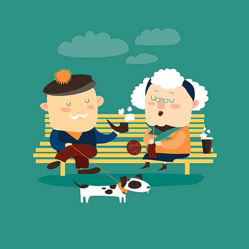 Old couple sitting on bench. Vector romantic greeting card