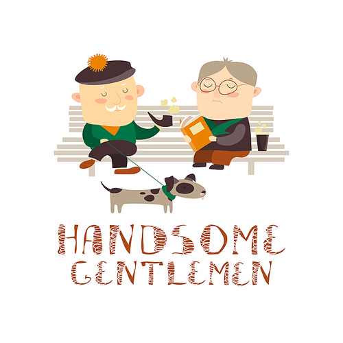 Old men sitting on a bench. Vector isolated illustration