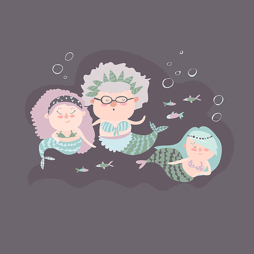 Cute mermaid grandmother with grandchildren. Vector illustration