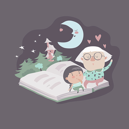 Grandmother tells a fairytales to her granddaughter. Vector illustration