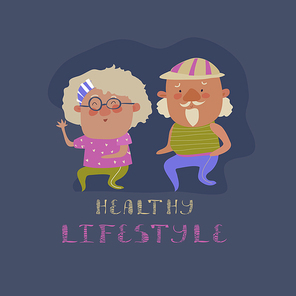Old couple man and woman running. Flat design vector