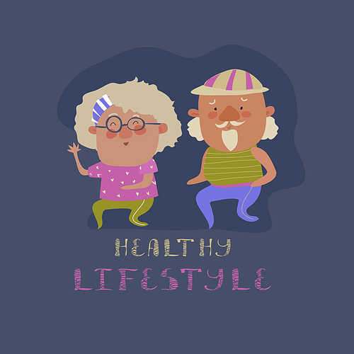 Old couple man and woman running. Flat design vector