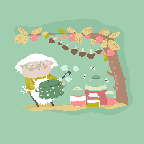 Cute grandma cooking jam. Vector cartoon illustration