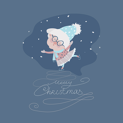 Old woman skating on ice. Vector christmas iluustration