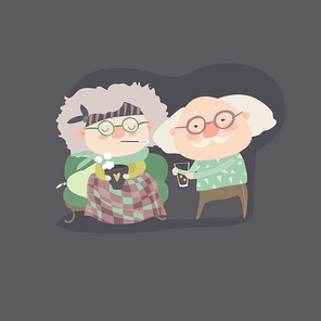 Grandfather giving his care to sick grandmother. vector illustration