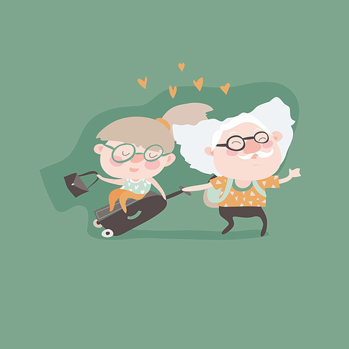 Travel in old age vector concept. Flat design. Elderly couple with baggage and documents going on journey. Grandparents summer vacation. Picture for travel agency ad, recreation retired illustrating.