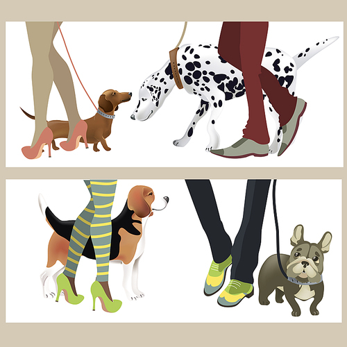 Cute dogs with their owners. Vector illustration