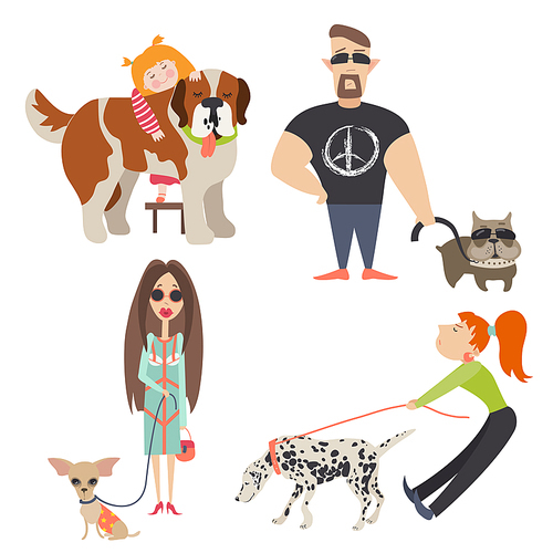 Cute dogs with their owners. Vector flat illustration