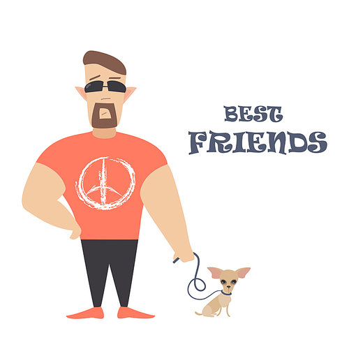 Funny dog with owner. Vector flat illustration