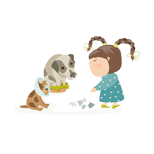 Little girl punishing dogs. Vector isolated illustration