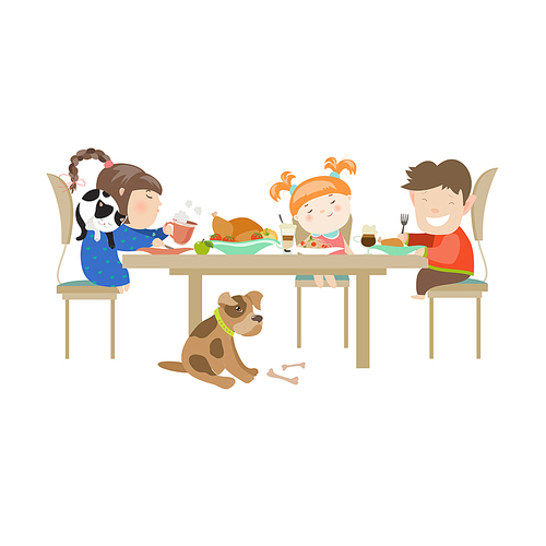 Children eating on a white . Vector isolated illustration