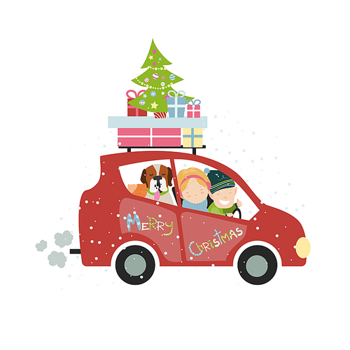 Christmas family trip by car. Vector isolated illustration