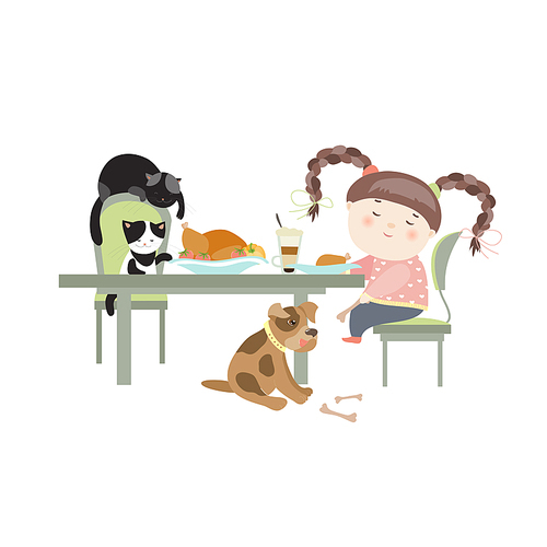 Dinner with pets, girl feedind the puppy, while cats trying to steal chicken meat from table. Vector isolated illustration