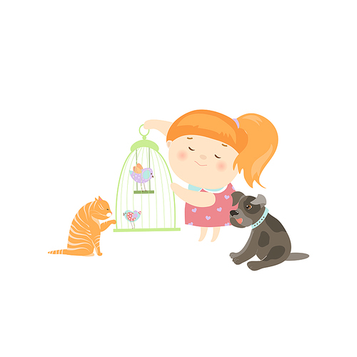 Cute Girl Surrounded by Different Types of Pets. Vector isolated illustration.