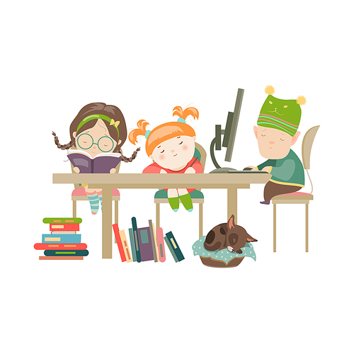 Friends doing homework. Vector Illustration of boy and girls doing their homework.