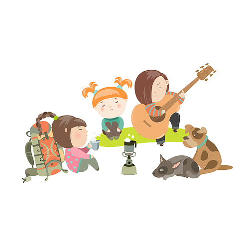 Kids on a Camping Trip with Dogs. Vector isolated illustration