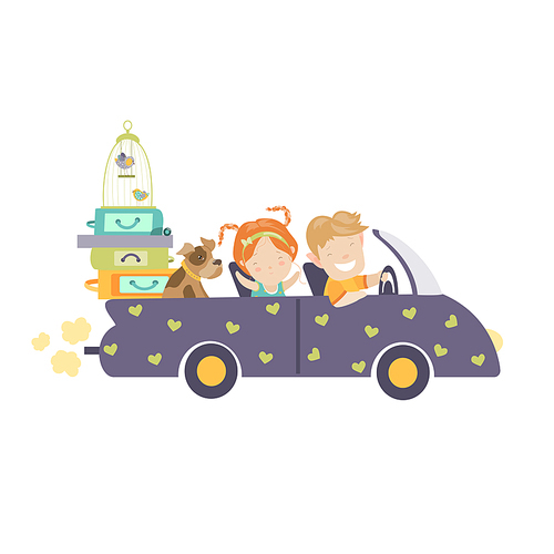Couple traveling by car. Happy woman and man waving hands in car with a lot of bags. Vector colorful illustration in flat design style