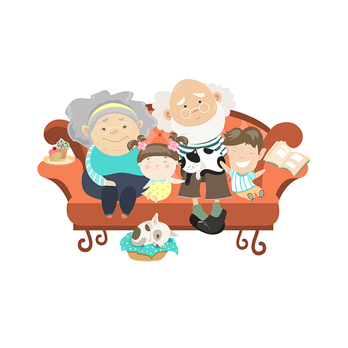 Grandparents and grandchildren. Happy grandparents with their grandchildren. Vector illustartion