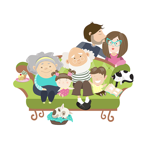 Happy family with mother dad son daughter grandfather and grandmother. Vector isolated illustration