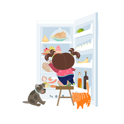 Girl taking the cake from refrigerator. Vector illustration