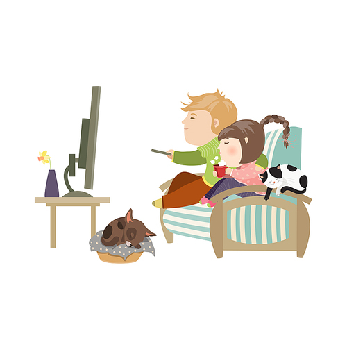 Couple watching television sitting on the couch. Vector isolated illustration