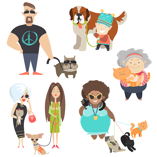 Cute pets with their owners. Vector flat illustration