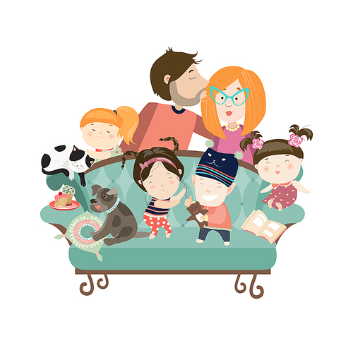 Happy kids with parents and pets. Vector isolated illustration