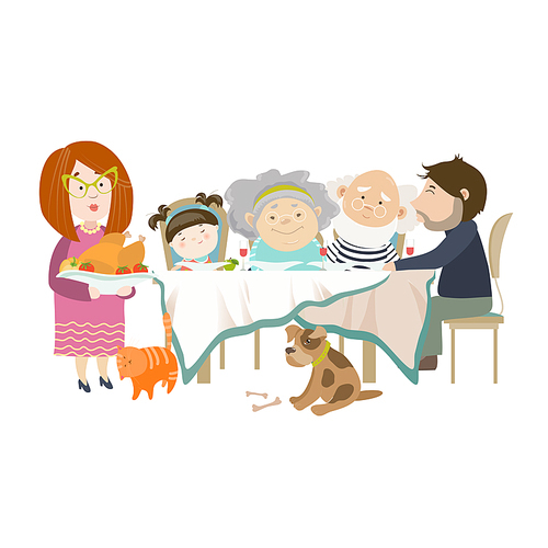 Portrait of big family sitting at the table. Vector isolated illustration