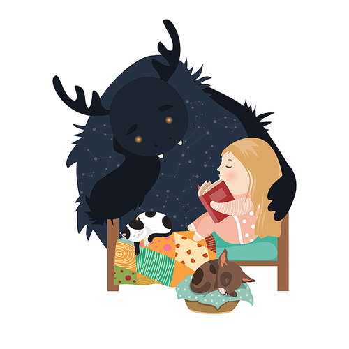 Little girl reading fairy tales to the monster. Vector illustration