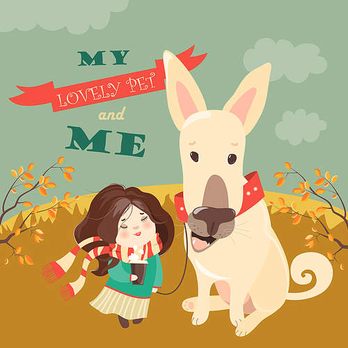 Funny dog with cute girl. Vector illustration