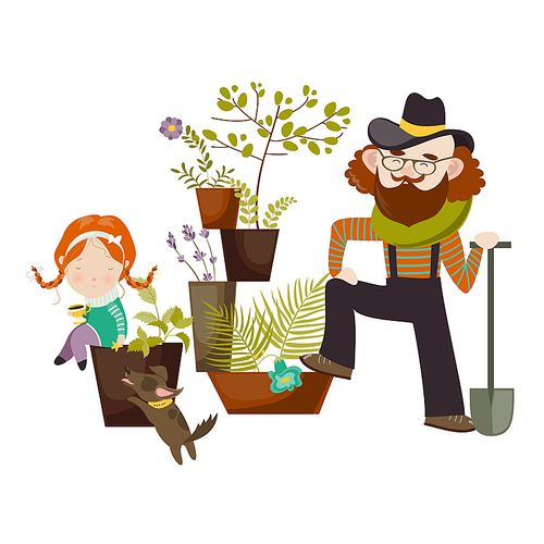 Father and daughter planting in the garden together. Vector illustration