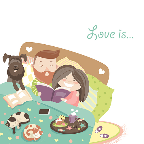 Happy couple in bed with cats and dog. Vector illustration
