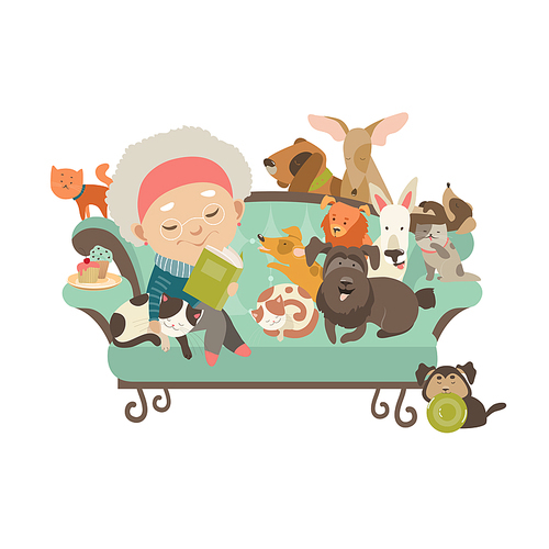 Old woman with her cats and dogs. Vector illustration