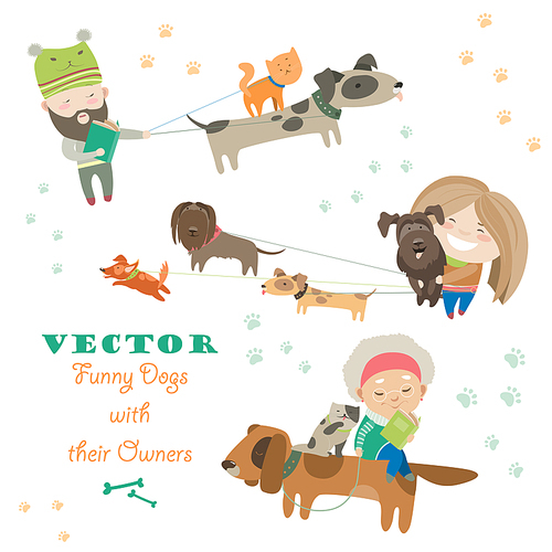 Cute dogs with their owners. Vector flat illustration