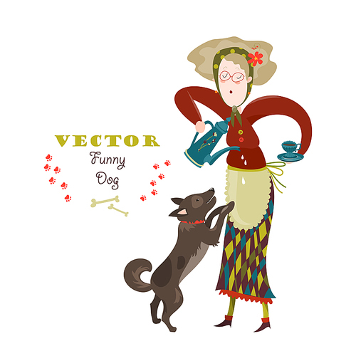 Cheerful elderly woman with funny dog. Vector illustration
