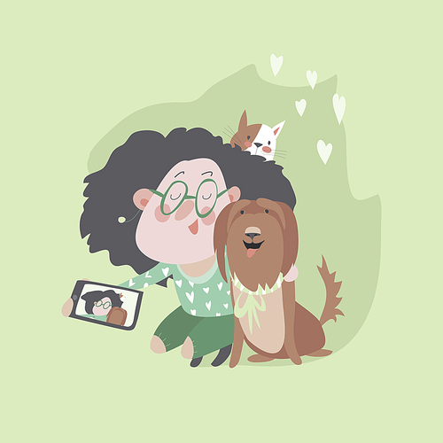 Cute girl with dog and cat makes selfie. Vector illustration
