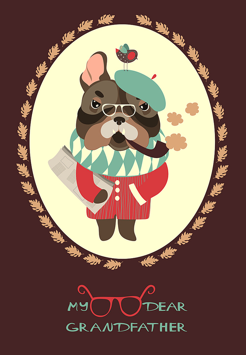 Vector serious grandpa dog with a newspaper and smoking pipe