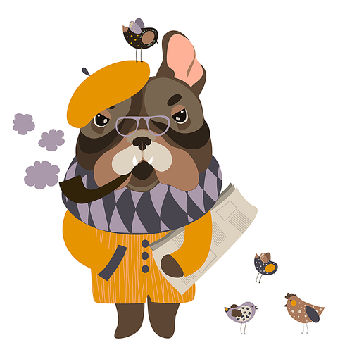Vector serious grandpa dog with a newspaper and smoking pipe