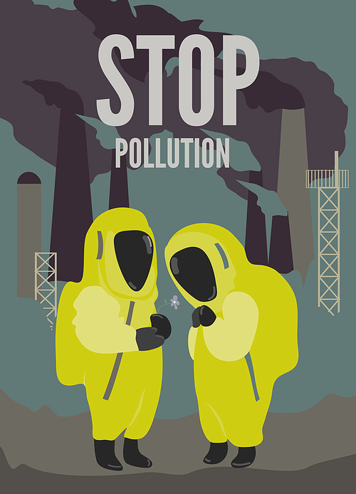 Vector Illustration, couple in protective suits in dirty environment
