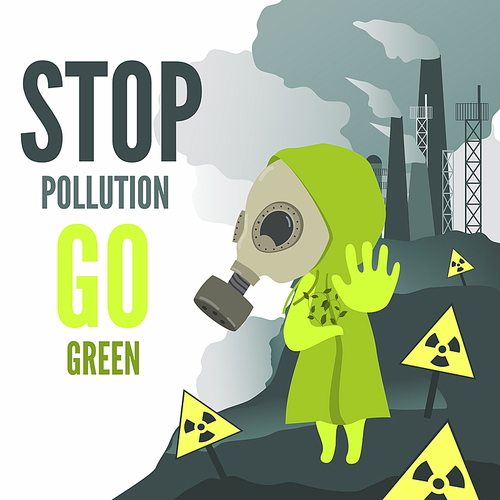Vector Illustration, cartoon characcter wearng gas mask demands to stop environmental pollution.