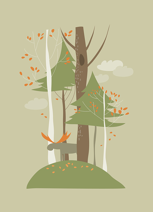 Autumn landscape with trees and elk. Vector illustration