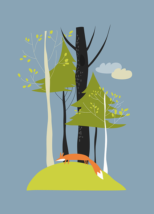 Autumn landscape with trees and fox. Vector illustration