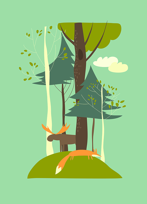 Summer landscape with trees, fox and elk. Vector illustration