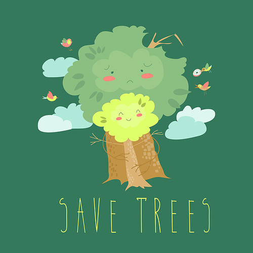 ECO FRIENDLY. Ecology concept with cartoon trees. Vector illustration