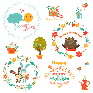 Set of vector birthday elements with cute animals and wreath